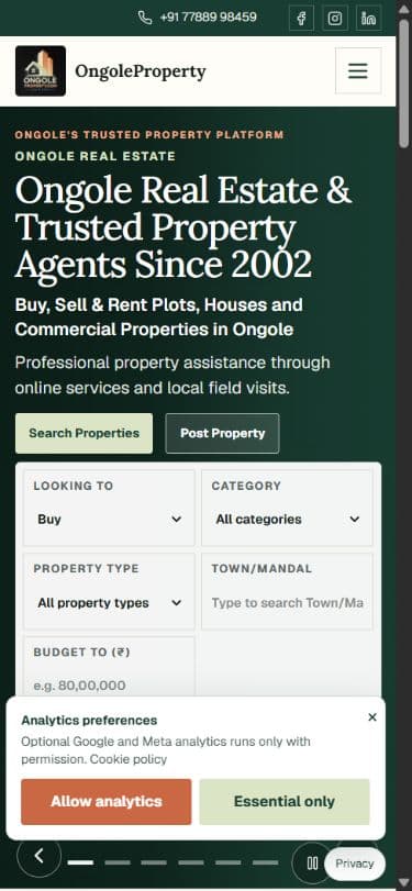 Ongole Property public website on mobile